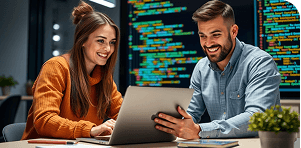 Team working with laptops