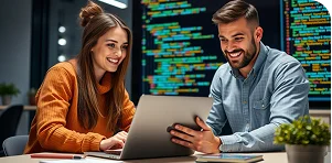 Team working with laptops